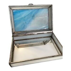 Stained Glass Handmade Mirrored Vintage Jewelry Box, Blue & White Glass.